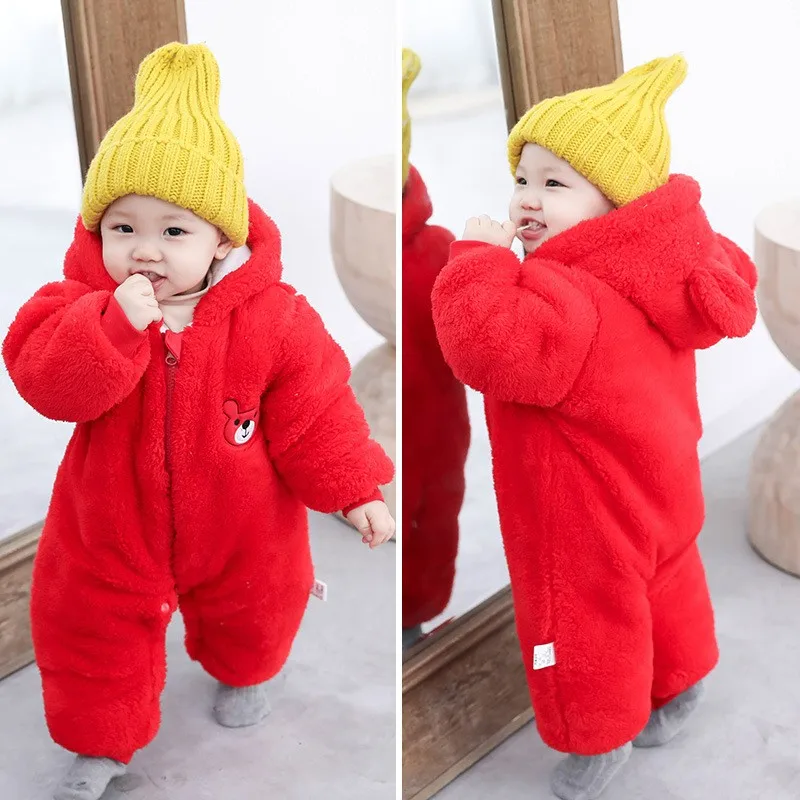 Baby Rompers Newborn Romper Cute Plush Bear Boy Autumn Winter Keep Warm Hooded Infant Girls Overall Jumpsuit Outdoors Clothing