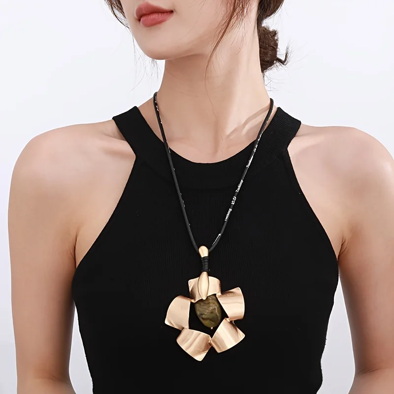 ALLYES Vintagel Black Leather Necklace for Women Chic Matte Metal Flower Resin Stone Pendant Sweater Chain Jewelry Gifts