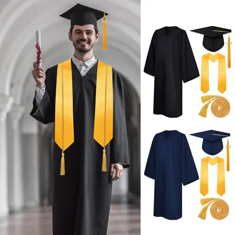 Ternos de graduação com borla para mulheres e homens, vestidos de graduação, conjuntos unissex para bacharel, faculdade, 4 PCs, 2024