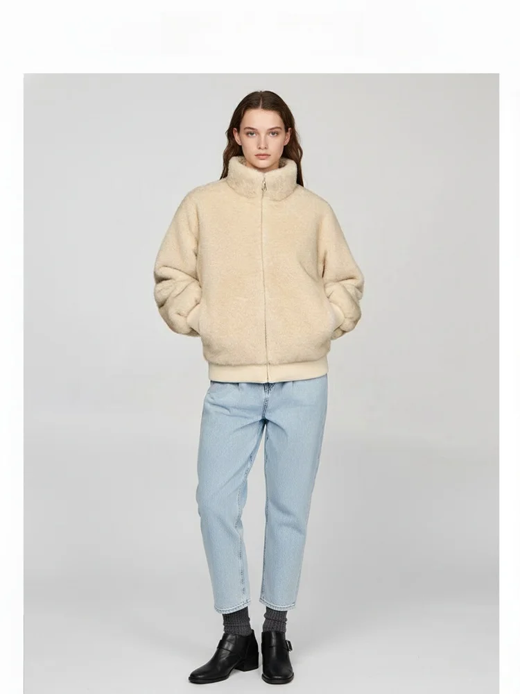 

Simple Stand Collar ort Zipper Faux Fur Jaet Women's Oversize Cardigan Autumn Winter Outerwear Ele Straight Cut Sle