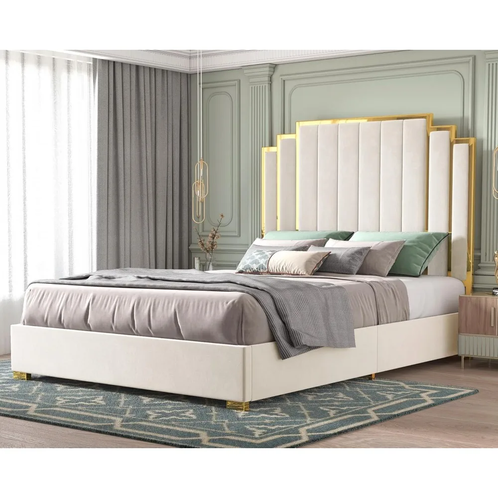 King Size Upholstered Platform Bed Frame with Golden Plating Trim No Box Spring Needed Cream Custom