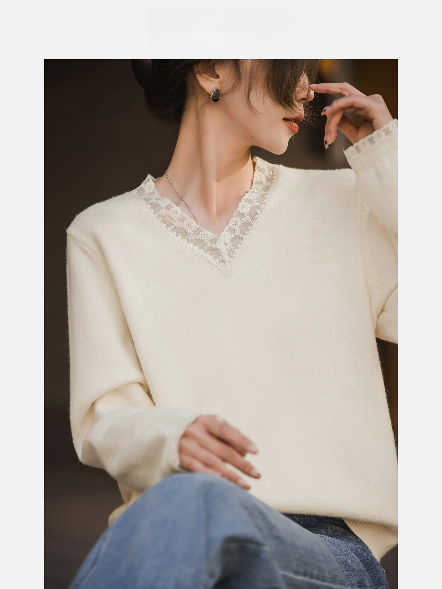 

Мягкий вязаный свитер с V-образным вырезом и кружевными вставками для женщин, модный, весенний, новый, элегантный, повседневный, прямого кроя