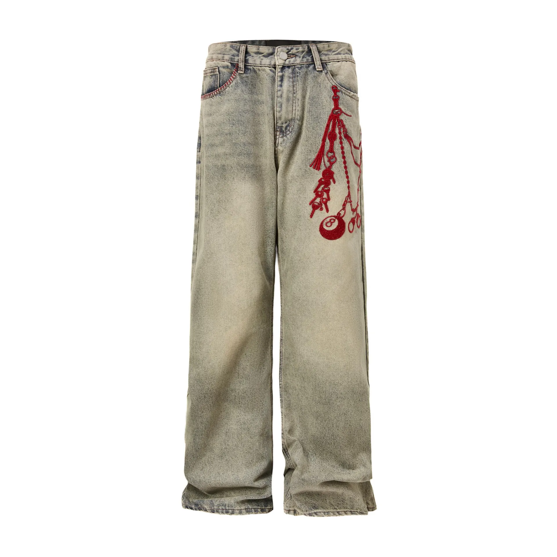 MADE EXTREME Washed Old Embroidered Trouser Chain Loose Jeans for Men and Women