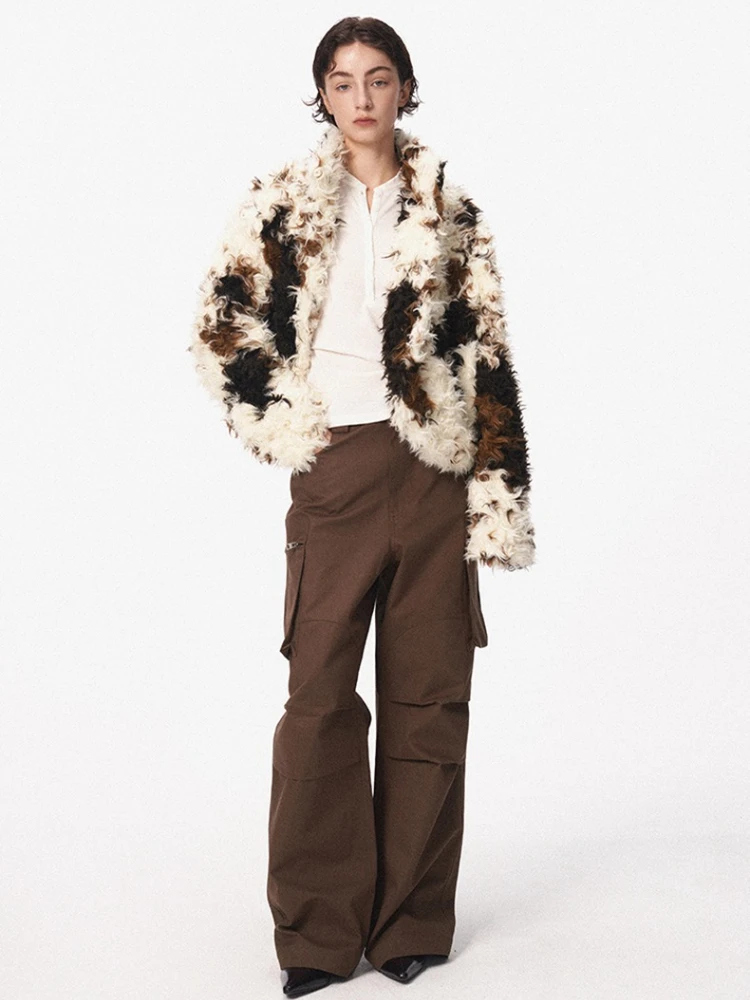 Patchwork revers beige nepbont jas Slanke nepwollen harige jas Pluizig Stijlvolle luxe elegante pluche jas Warme dikke bovenkleding