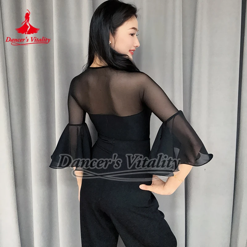 Demi-manches évasées pour entraînement de danse de salle de bal latine, hauts Style papillon noir comprenant un coussin de poitrine, vêtements d'entraînement de valse, Collocation