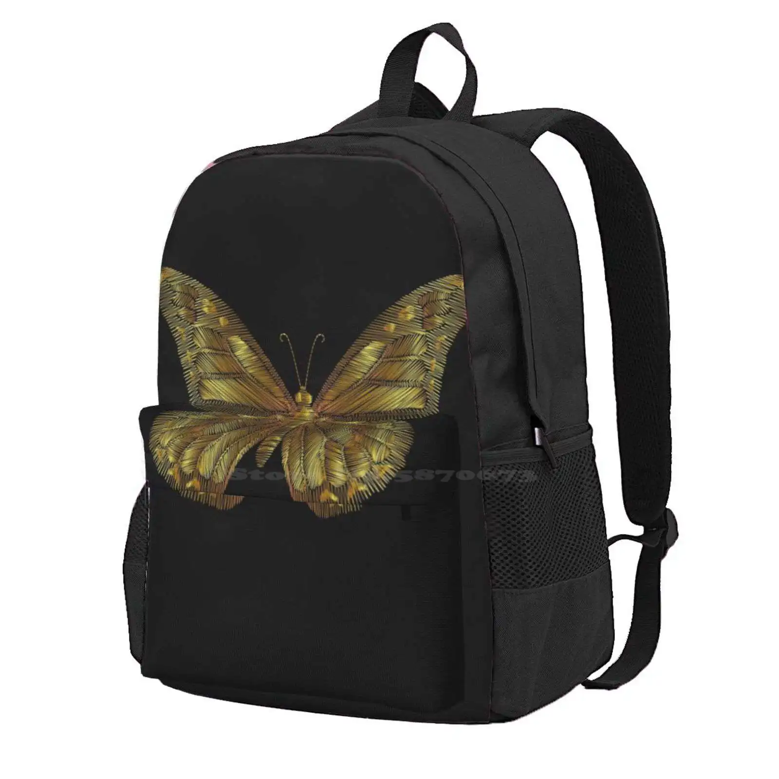 

Golden Butterfly On A Black Background. Embroidery. Hot Sale Schoolbag Backpack Fashion Bags Butterfly Insect Gold Black Glow