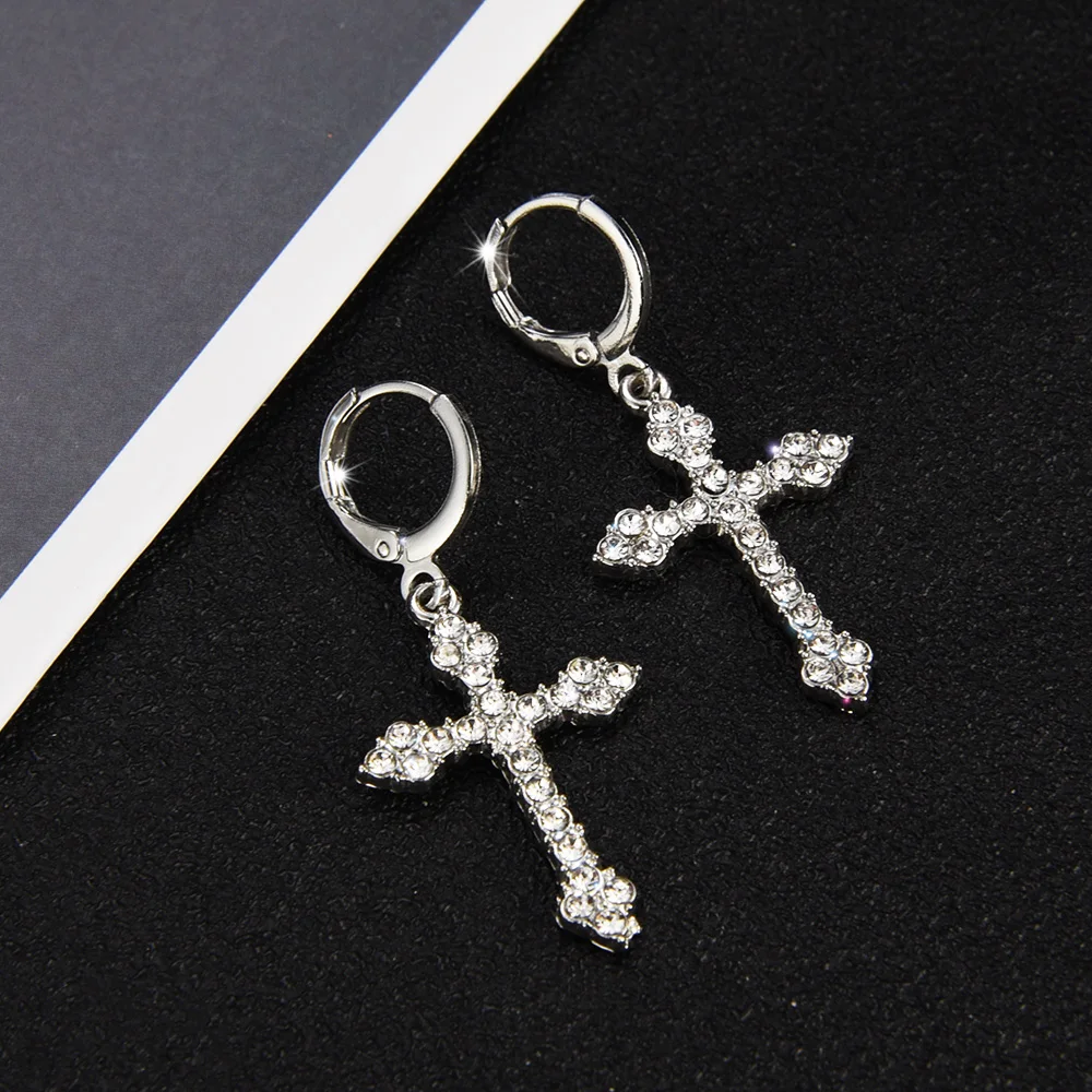 Y2K Gothic Rhinestone Cross Earrings Kpop Purple Zircon Cross Drop Earring for Women Grunge Egirl Earrings Jewelry Accessories