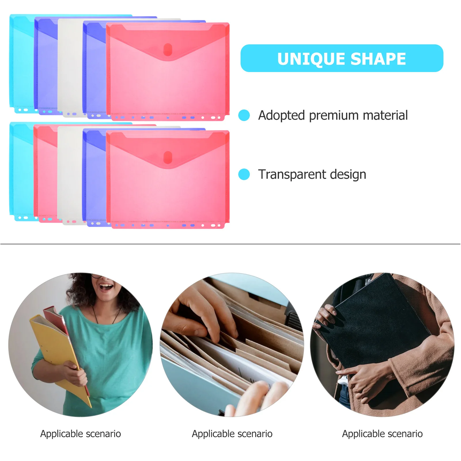 

10Pcs Document Bags Plastic File Folders Snap Button Closure Practical Transparent File Storage Organizers Office Supplies