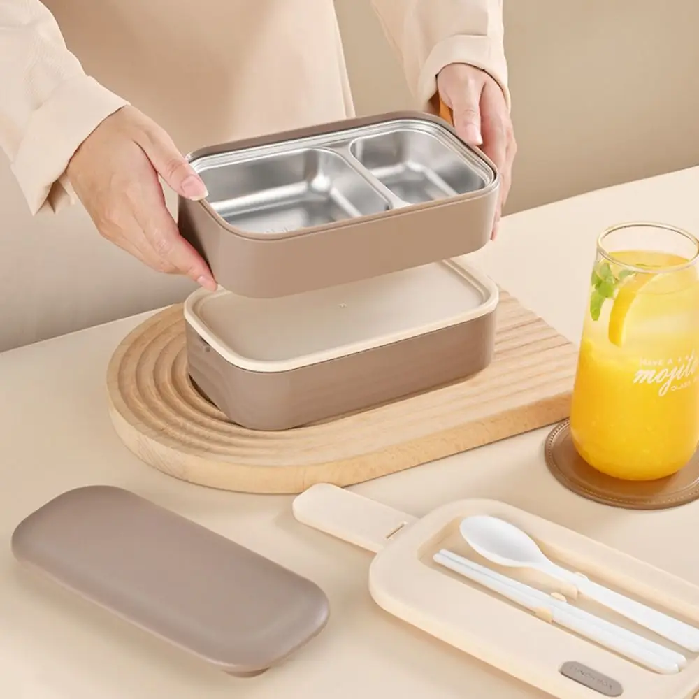 

2-слойный ланч-бокс из нержавеющей стали 304 с посудой и сумкой для хранения, контейнер для еды в микроволновой печи, разделенная прямоугольная коробка для пикника