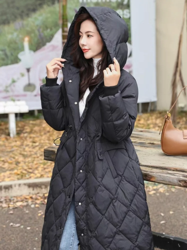 Long Knee-length Down Jacket, Windproof Warm Coat, Loose Hooded Jacket, Diamond Plaid Design, Casual Parkas, Winter Fashion, New