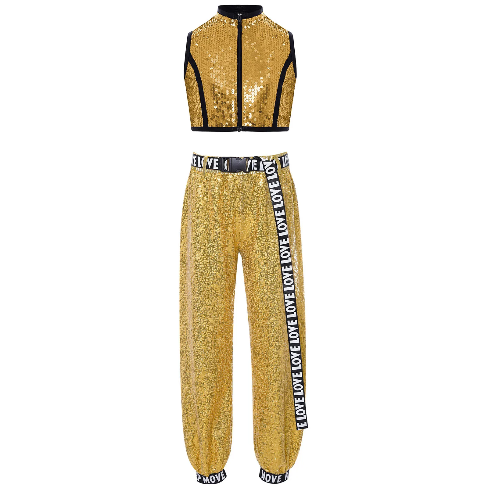 

Kids Girls Contrast Color Zipper Sparkling Sequins Crop Top with Sequin Pants And Belt for Hip Hop Jazz Dance Stage Performance
