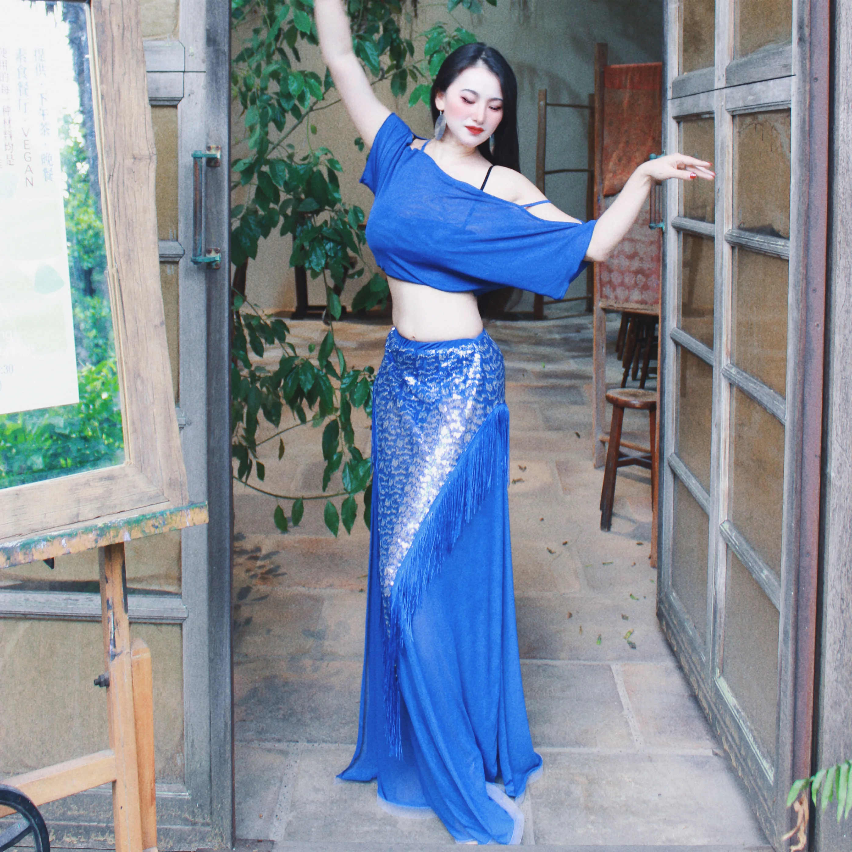 2025 BellyDance Costume Women's Off Shoulder Short Sleeve Top+Sexy sequin tassel Skirt Set Oriental Dance Performance Clothing