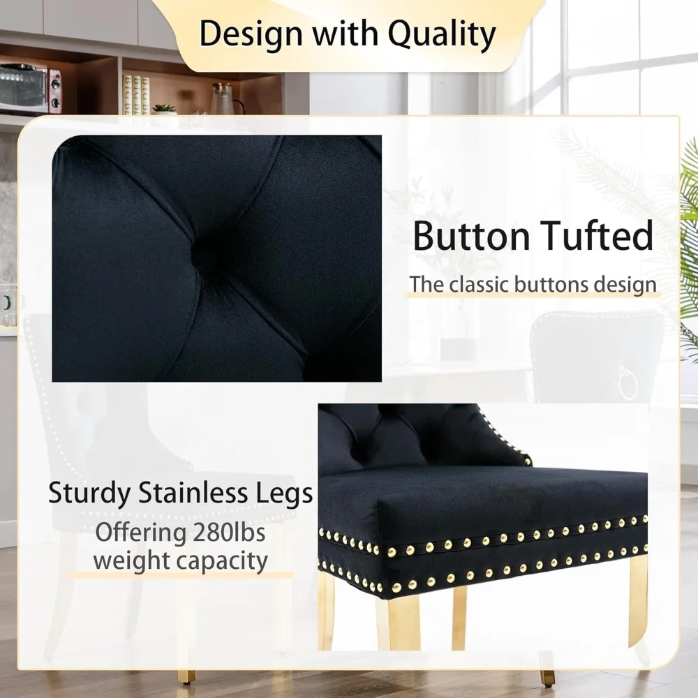 Tufted Velvet Chairs with Golden Stainless Legs, Rivet Trim Metal Pull Ring Large Back for Kitchen Dining Room Restaurant