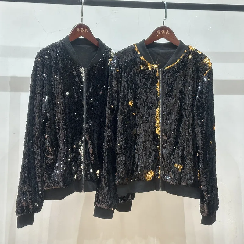 

Winter Women Fashion Personality Sequins Baseball Uniform Popular Coat Jacket INS Web Celebrity Shiny Coat Black/Gold and Silver