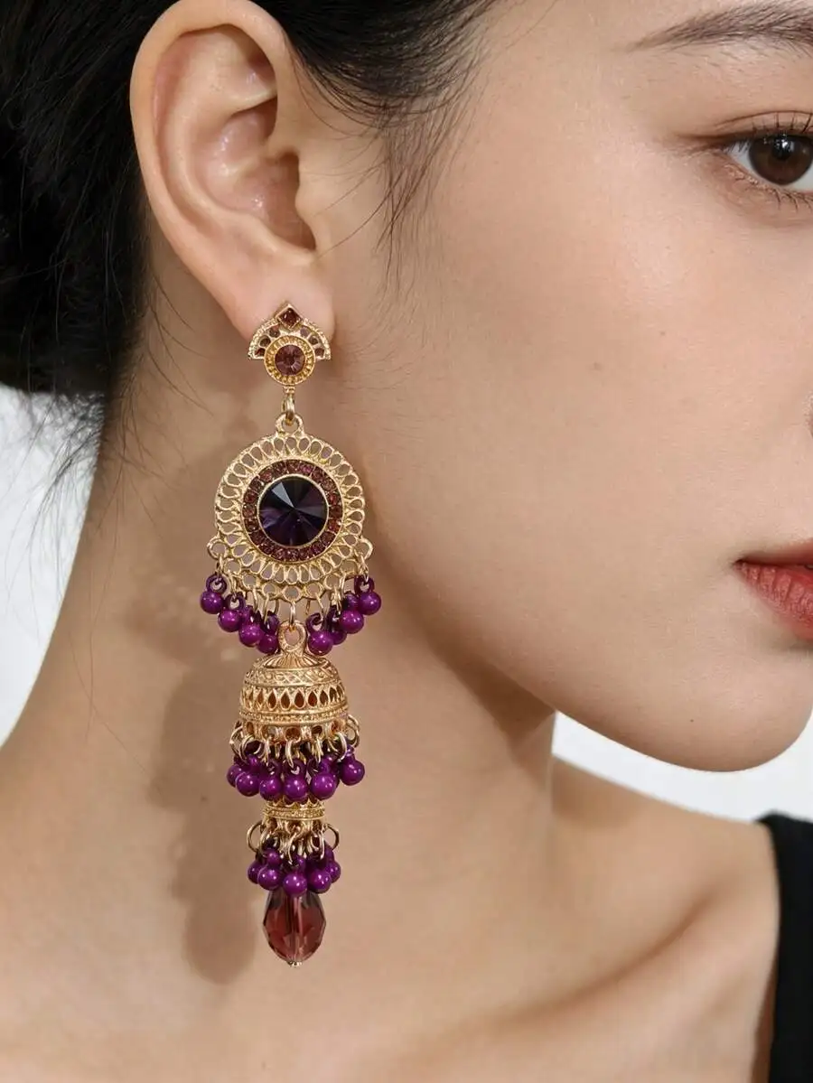 Purple Beaded Ethnic Drop Earrings With Crystal Center