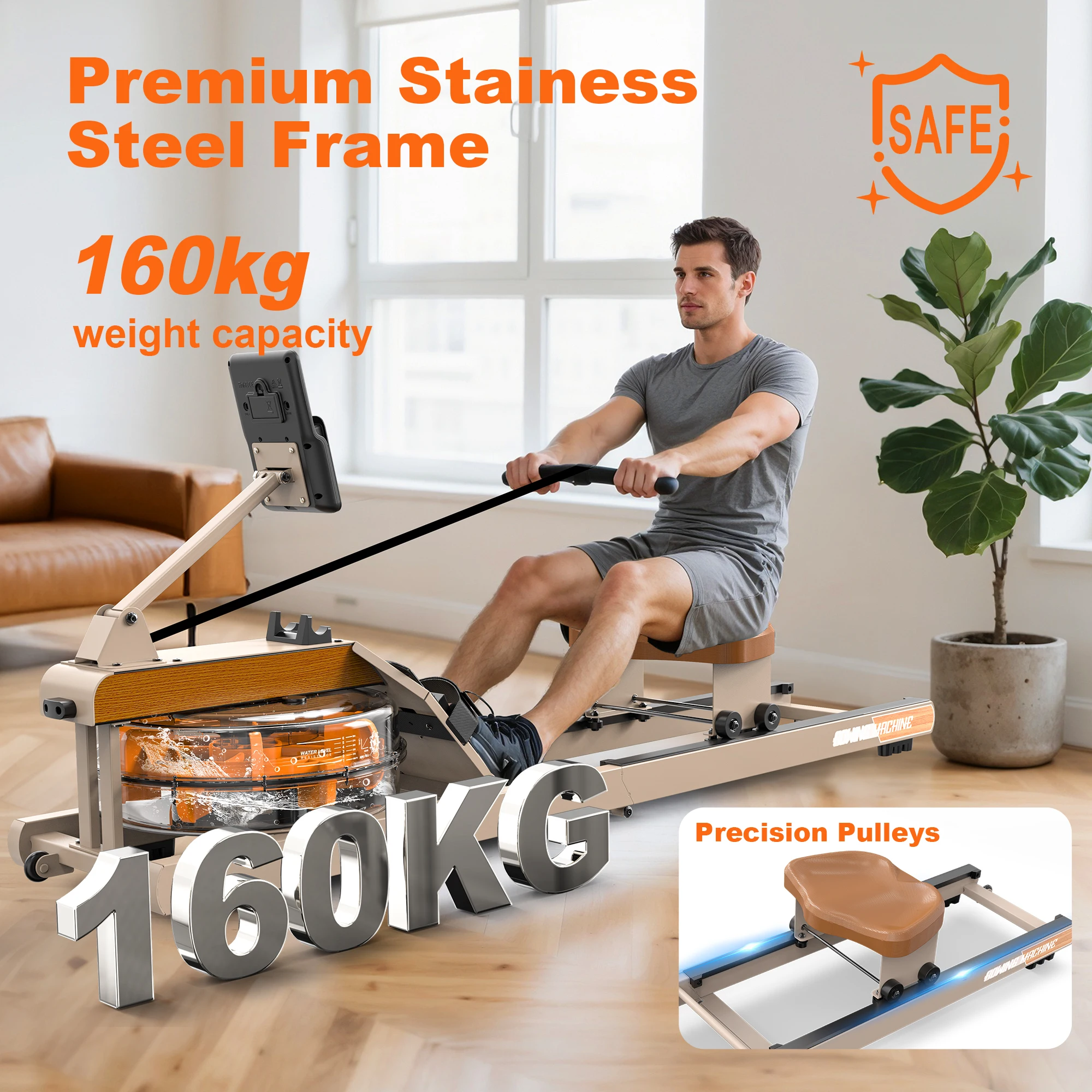 Opvouwbare waterroeimachine |   160 kg belasting |   Bluetooth-monitor |   180 °   Opvouwbare Home Gym Fitness Roeitrainer met opbergruimte en wielen - afbeelding 2