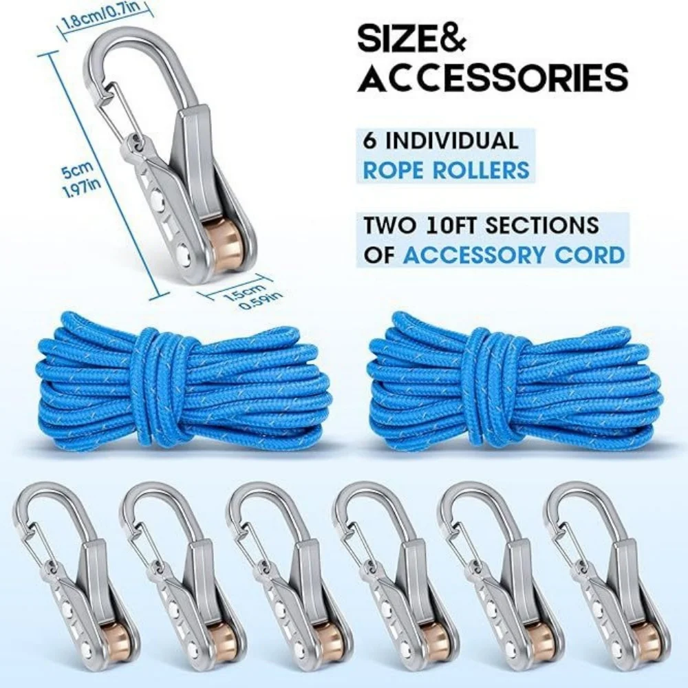 6Pcs Tensioners with 6Pcs 3M Ropes, Roller Cam Buckle Tie Down Tool, Secure Locking Cord Adjuster for Camping Tent Guy Lines