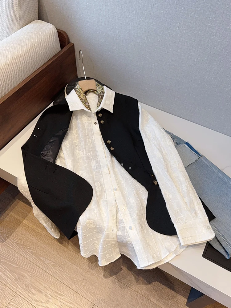 

French Sle Loose Fit Long Sve White Embroidered Linen irt Breathable Spring Summer Top Women's Casual Faion Design