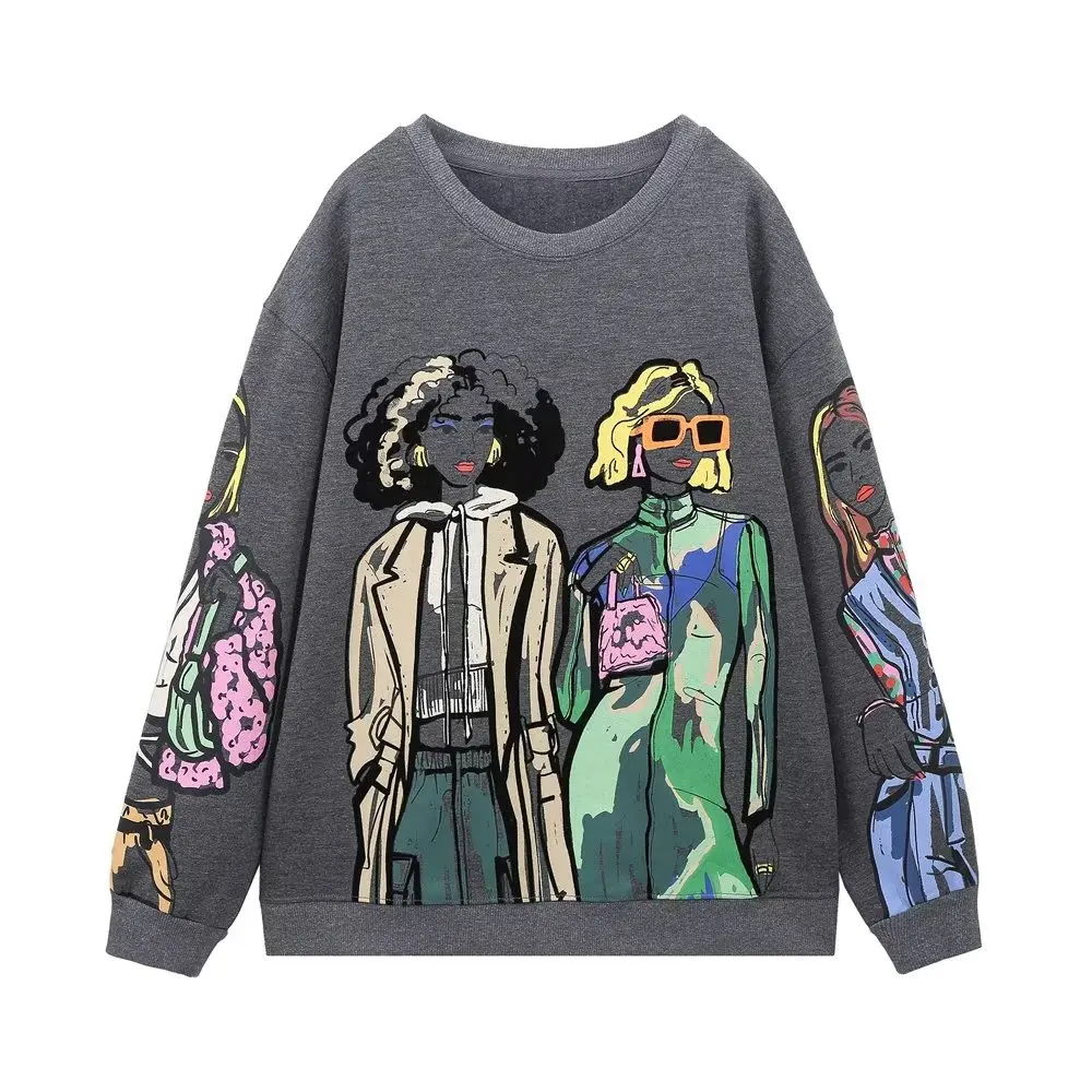 Fashion Cartoon Print Y2K Sweatshirt Women Loose Fleece Stitch Sweatshirts Female Long Sleeve Winter Hoodies Chic Pullovers Tops