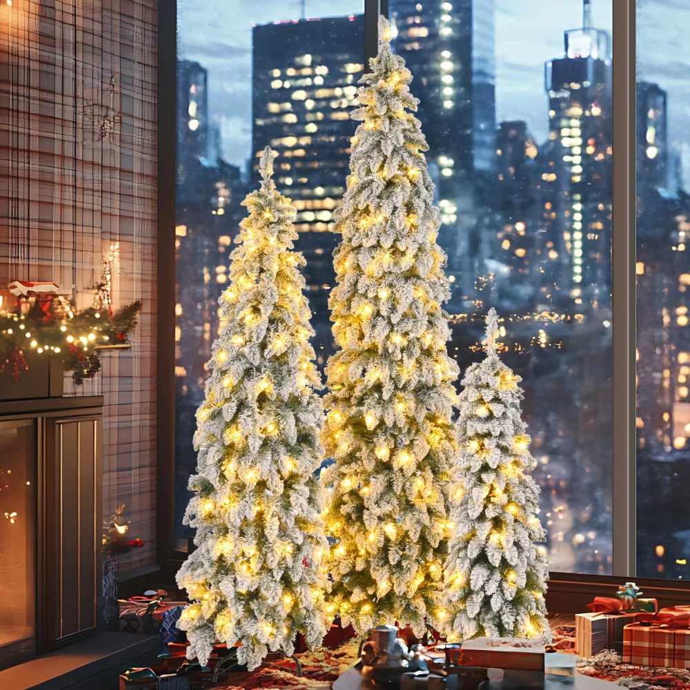 8/6/4FT Pre-Lit Pencil Trees, 1455 Tips, 520 LEDs, 11 Modes. Slim, Snowy Design, Ideal Xmas Decor.