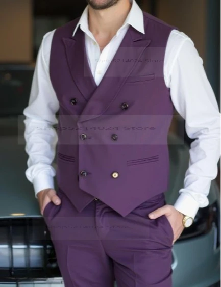 Purple  Sleeveless Business Men Suit Wedding Party Prom Groom Groomsman Formal Occasions Tuxedos 2 Piece Set Blazer Pants