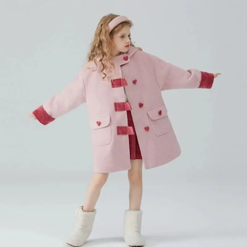 Spring And Autumn Girls' Woolen Coat Autumn/Winter New Collection Children's Pink Hoodie Medium Long Overcoat for 5-15Years