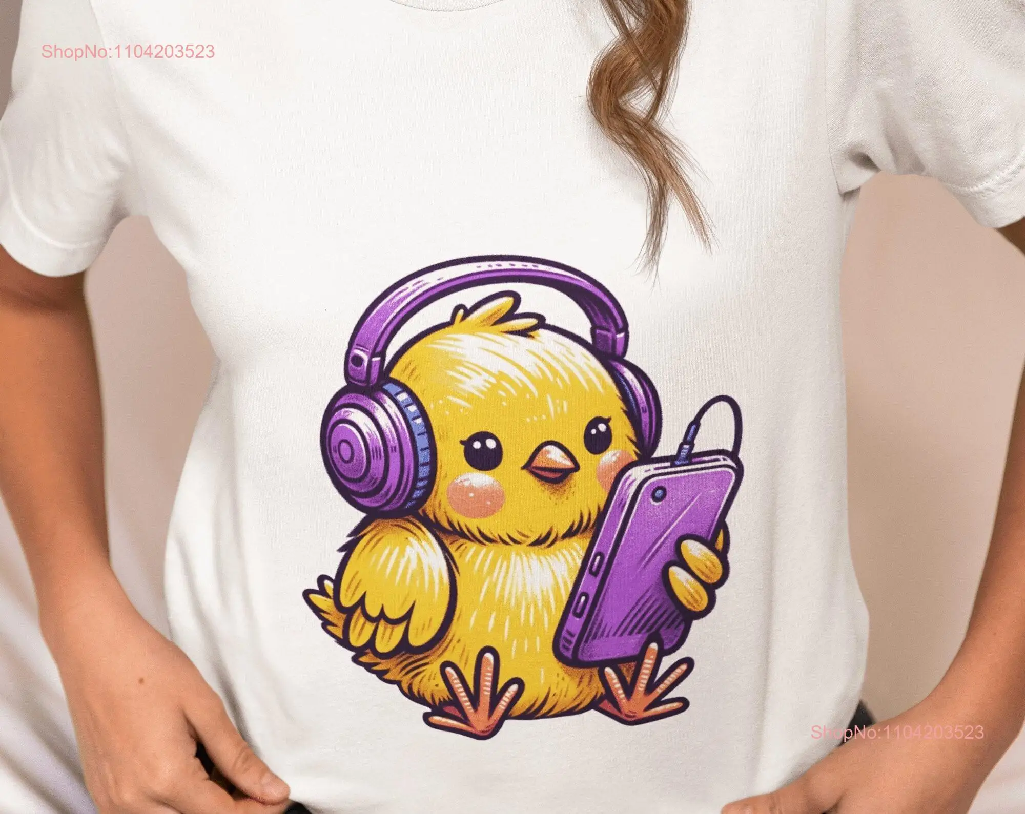 Charming Yellow Chick with Headphones and Cellphone T Shirt Cute Bird Lover Animal Casual Wear Idea long or short sleeves