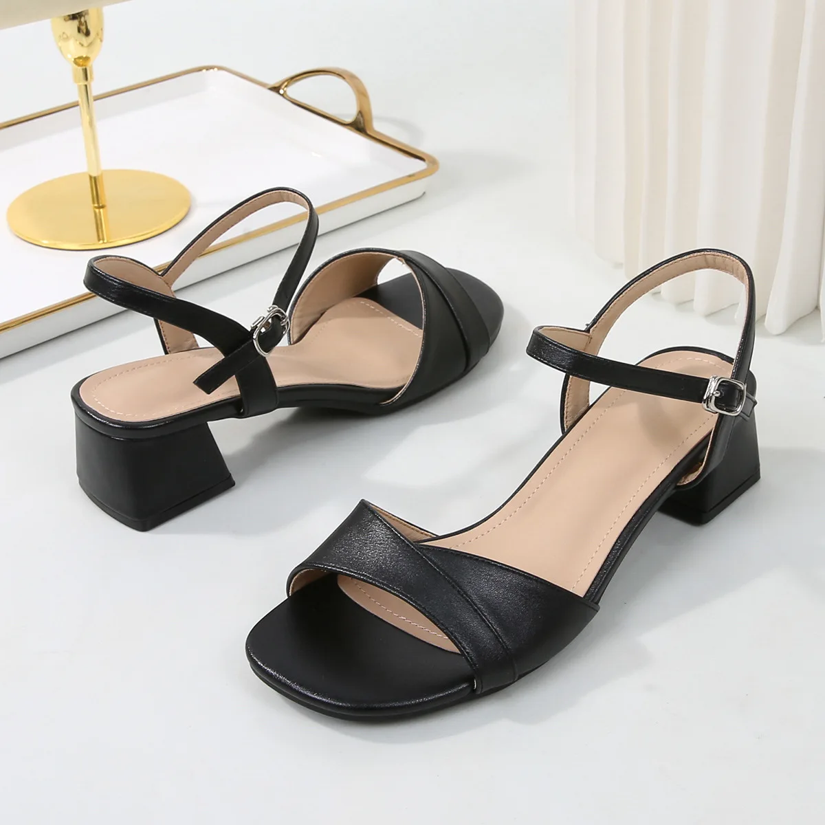 Fashion Sandals for Women Summer Soft Leather Thick Heel Straight Buckle Strap High-heeled Shoes Ladies Heeled Footwears
