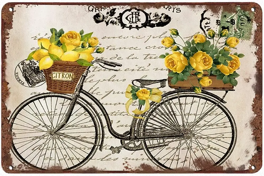 Retro Tin Sign Vintage Lemon and Roses Bicycle Kitchen Decor Summer Funny Wall for Home Cafes Office Store Pubs Club