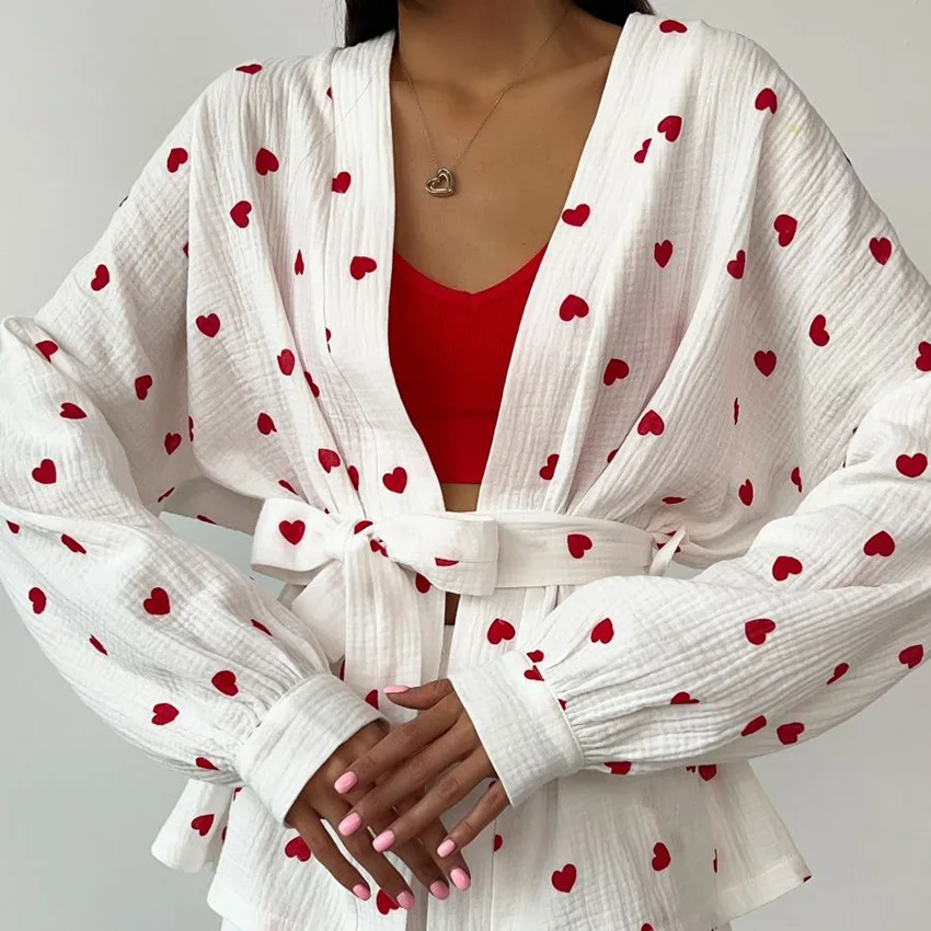 Printed Cotton Sleepwear Pyjamas Women Long Sleeve Tops Shorts Pajama Sets Strap Casual Beach Loungewear Loose Women Clothing