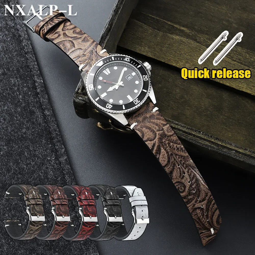 Top Layer Cowhide Watch Band 20mm 22mm Printed Pattern Leather Retro Strap for Seiko for Omega Bracelet for Huawei Watch GT5/GT4