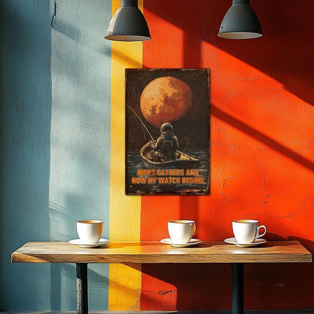 RetroNightWatchSign Night Gathers and Now My Watch تبدأ علامات القصدير - طباعة فنية جدارية معدنية عتيقة، ديكور لوحة من القصدير للغرفة