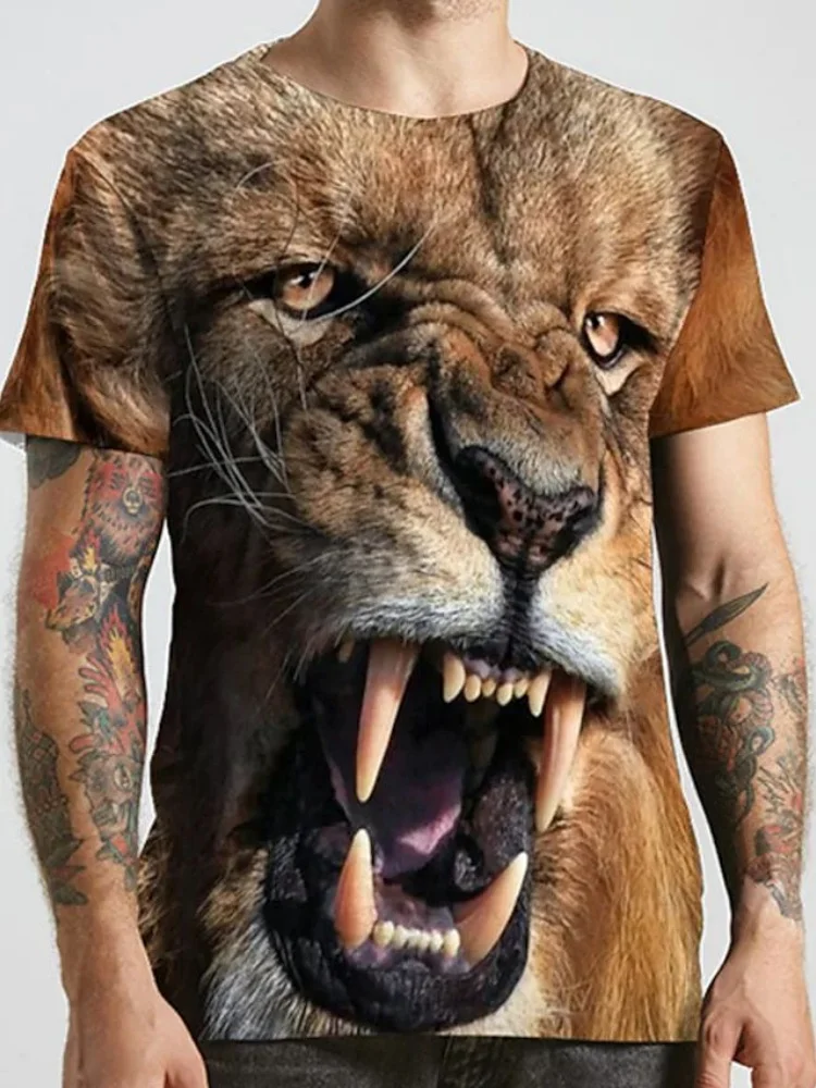 Vintage 3D Tiger Lion T Shirt Men Summer Fashion Short Sleeve Street Print Animal O-Neck T-Shirt Cool Tops Tees Men's Clothing