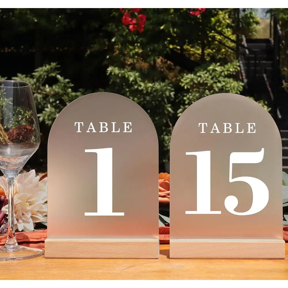 

Wedding Table Numbers 1-15, Acrylic Arch Signs with Natural Wood Stands Holders, Rustic Table Decor for Reception & Parties (Fro