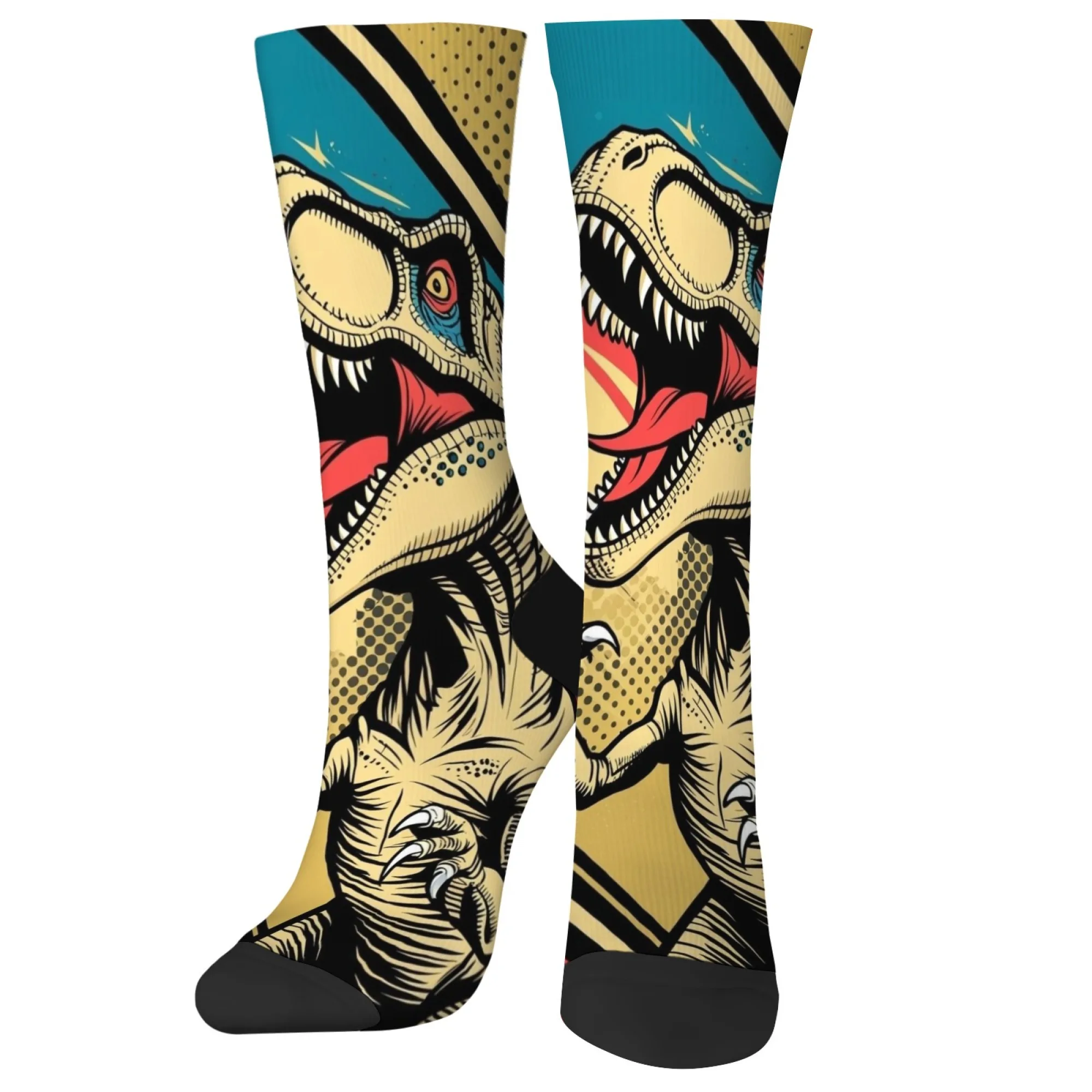 

Colorful Stylized T - rex Dinosaur Socks，Retro Comic - Style Art Design Crew Socks，Novelty Funny Vintage Street Style Socks
