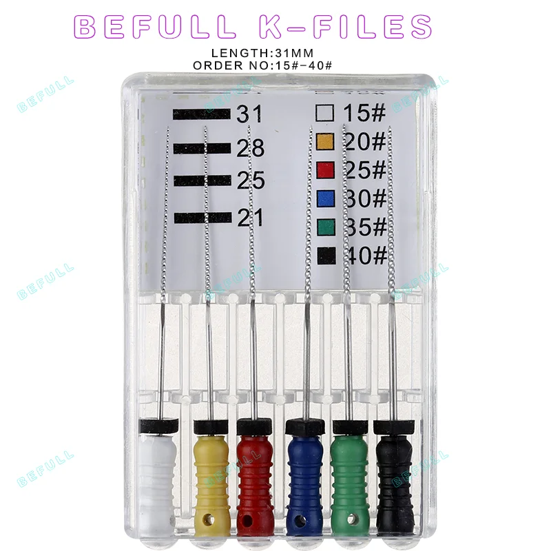 K-FILES dentales (uso manual), herramientas de dentista, Canal radicular endodóntico, archivos de tratamiento de archivo de HEDSTROEM, 21/25/31mm, 6 unids/lote por paquete