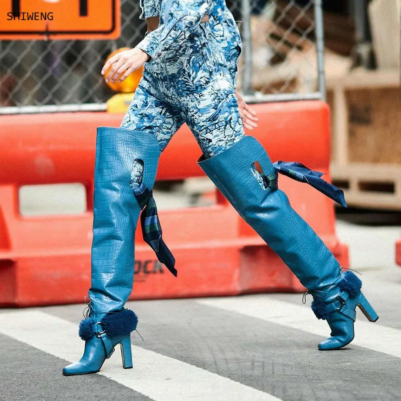 2026 Blue Block Heel Over Knee Boots Women Pointed Toe Fur Wrap-Around Straps Boots Female Hollow Out Newest Lace Up Shoes 44