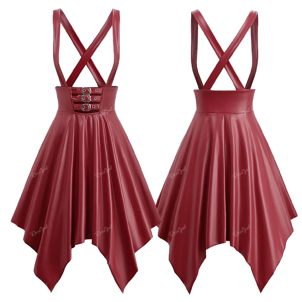 ROSEGAL Plus Size Gothic Skirts Deep Red PU Panel Strap Buckle Grommet Crisscross Suspender Asymmetric Skirt All Seasons Wear