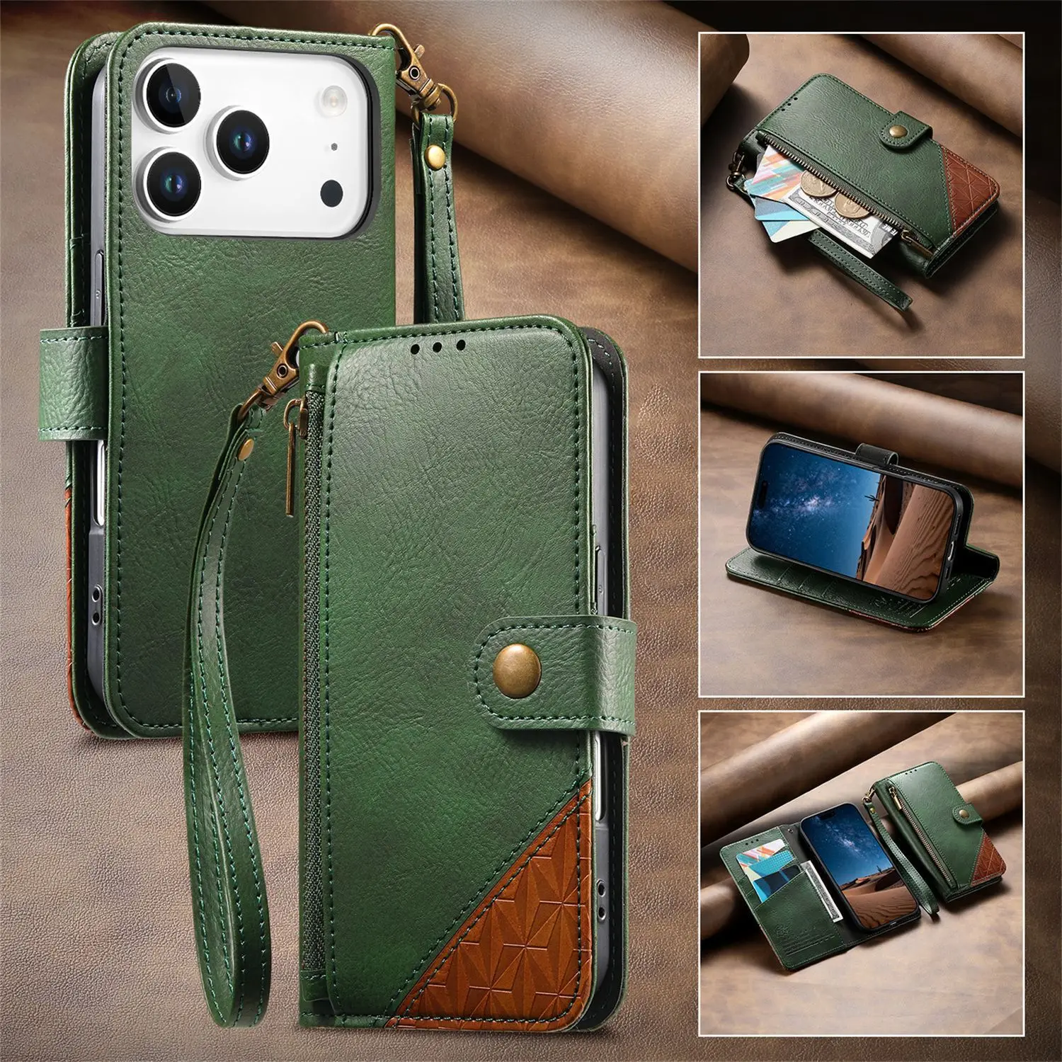 Multi 3 Cards Lanyard Leather Flip Case For Samsung Galaxy A57 A37 A27 A18 A17 A08 A07 2 Colors Collision Wrist Wallet Cover