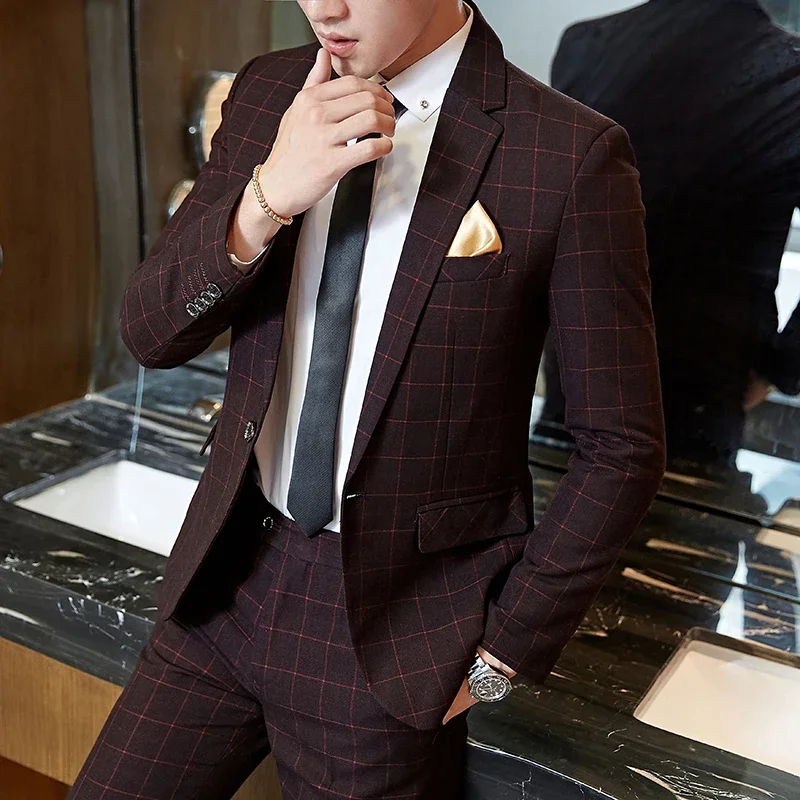 2025 Suit (Blazer+ Pants) Men's Boutique Fashion, Business Gentleman, Slim Fit, Outdoor Wedding, Plaid Trend, Banquet Suit