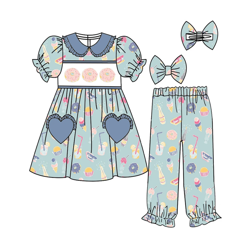 Dia dos namorados boutique terno infantil de manga curta elástico flor coração impressão calças menina terno roupas de bebê