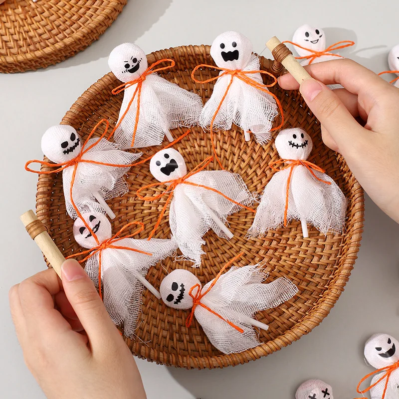 12Pcs New Halloween Ghost Pumpkin Lollipop Decoration DIY Candy Packing Cloth with Sticker Decor Kids Halloween Party Supplies