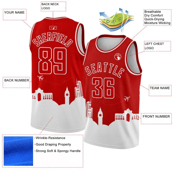 

Custom Red White Holiday Travel Monuments Silhouette Authentic City Edition Basketball Jersey