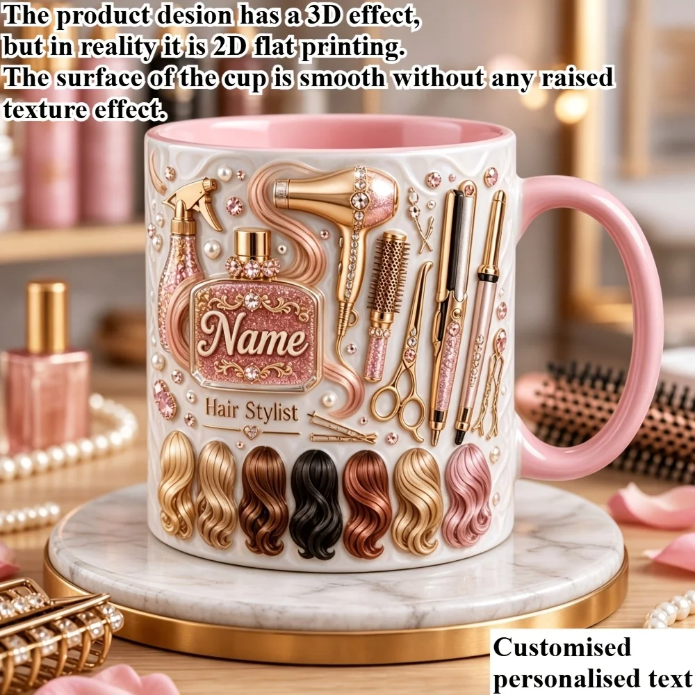 Personalized Hairstylist Mug Custom Name 11oz Ceramic Coffee Cup Pink Handle 2D Print Salon Gift for Barber