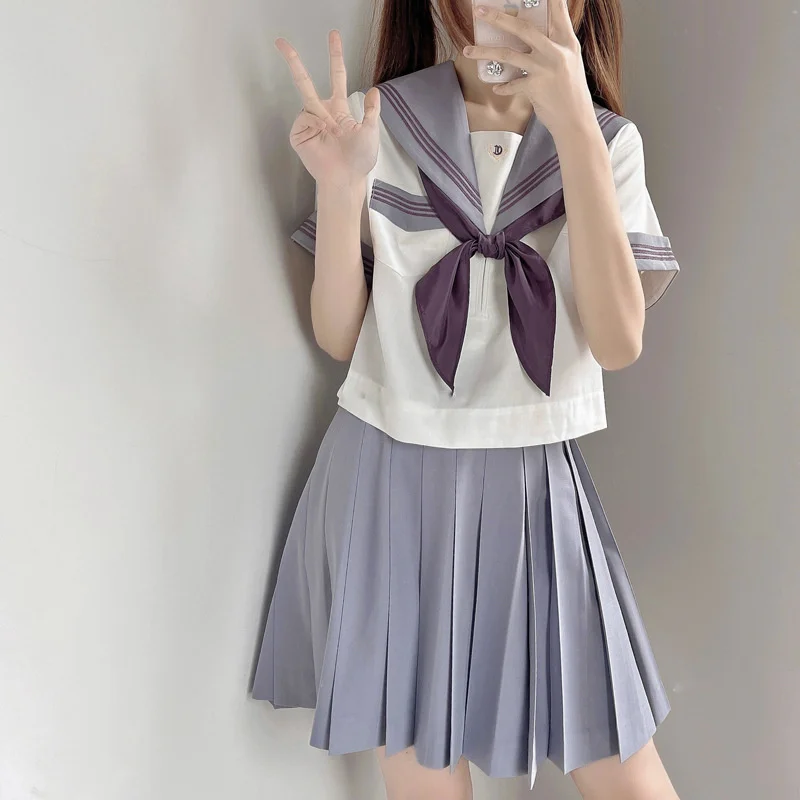 Japanese Korean Style Cute New 2 Piece Set Women Student JK Uniform Crop Sailor Top Cosplay Costumes Girls Pleated Sailor Skirt