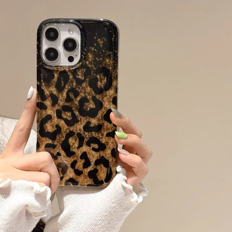 

New Glitter Leopard Print Suitable for iPhone 17 Phone Case 16promax Gold Foil 15pro All Inclusive 14 Anti Drop Protection Cover
