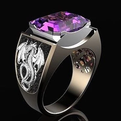 Vintage Engraving Flying Dragon Rings for Men Ancient Silver Color Ring Luxury Domineering Purple Zircon Ring Party Jewelry Gift