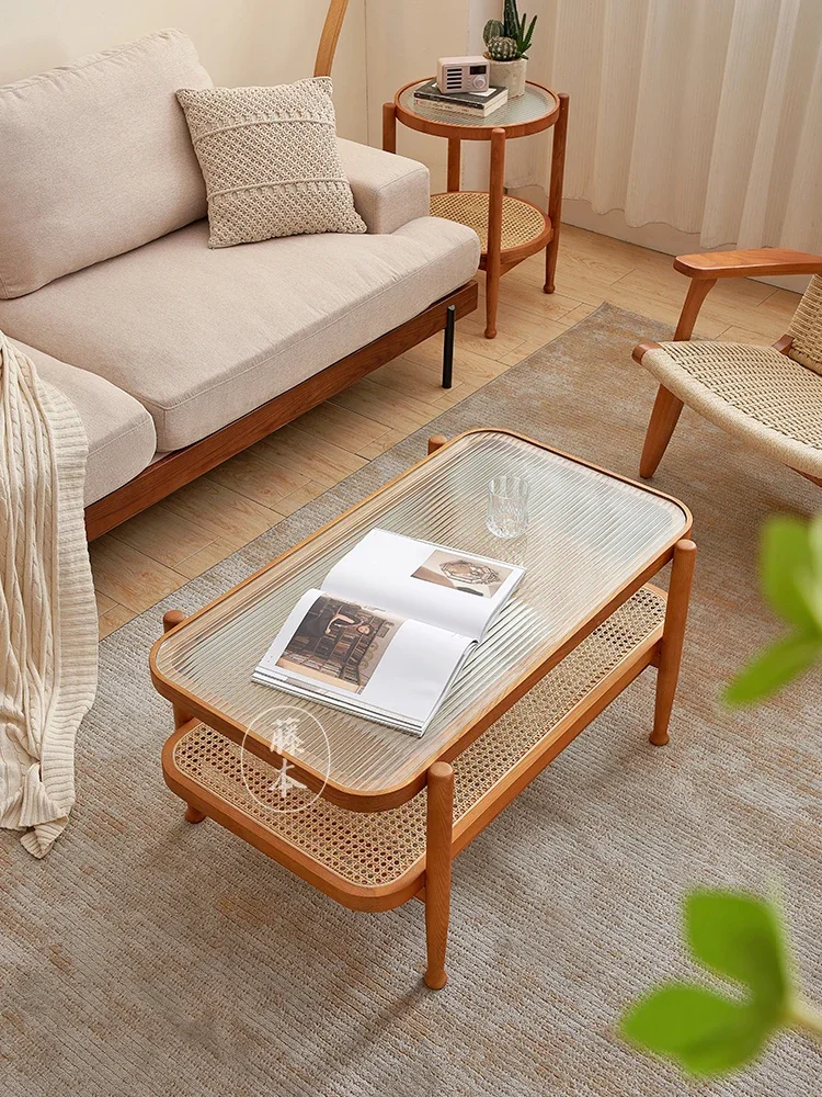 Japanese-Style Rattan Solid Wood Rectangular Changhong Glass Tea Table