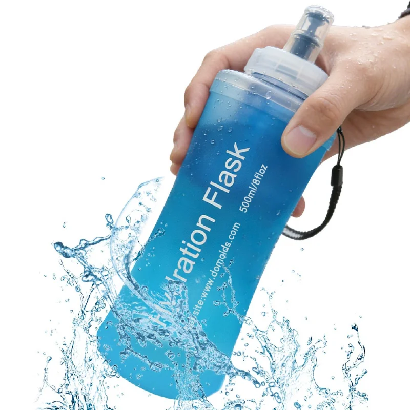 Botella de agua plegable AXEN con sistema de filtro, botella de hidratación suave para trail running, camping, senderismo, ciclismo, 500 ml, azul