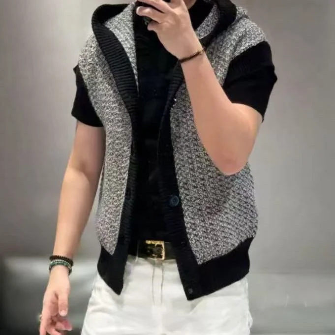 

Autumn High-End Splice Color Blo Hooded Knitted Vest Men's Floral antung Crt 3D Flower Embroidery Open Cardigan Sweater